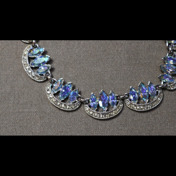 Vintage jewelry blue and clear AB rhinestone Bogoff  statement necklace - Picture 4 of 10